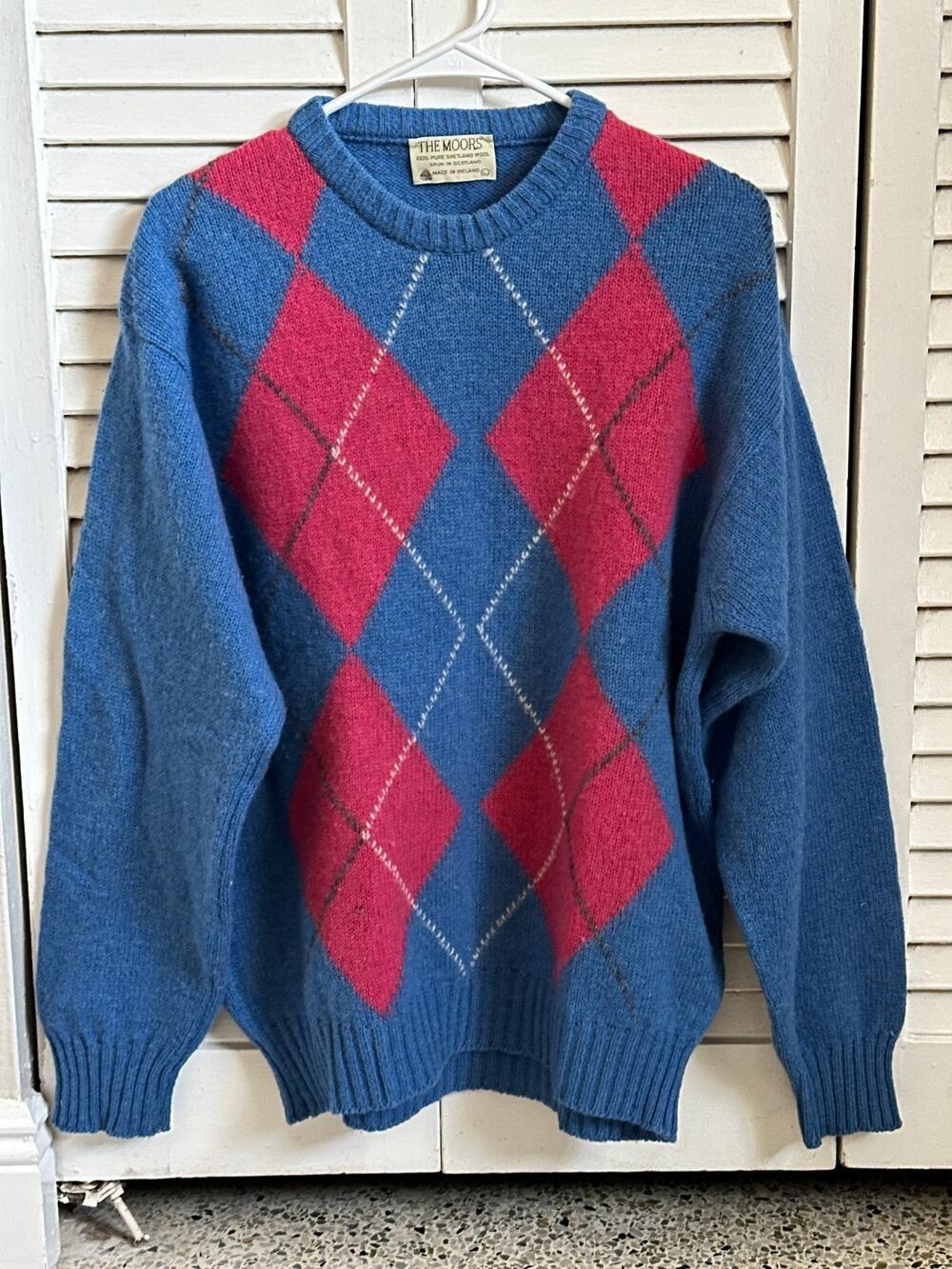 Vintage The Moors Lord Jeff Shetland Wool Argyle Sweater Large L Ireland Preppy